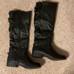 Glaze Black Over the Knee Boots with Lace-Up Detail